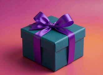 Fototapeta premium Teal Gift Box with Purple Ribbon on Gradient
