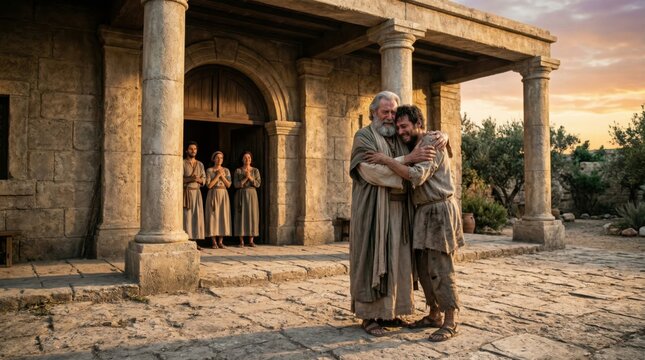 Father embracing his son in biblical scene. Parable of the prodigal son return. Reconciliation and forgiveness concept. Historical drama depicting ancient religious event in sunset light.