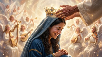 Fototapeta premium Jesus crowning Virgin Mary with golden crown in heaven. Blessed woman kneeling while receiving divine coronation. Religious scene with angels playing music. Catholic spiritual imagery.
