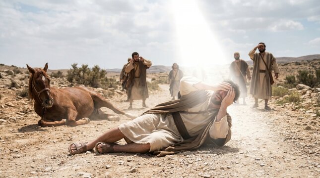 Man in ancient clothes blinded by miraculous light falling on dirt road next to horse. Saint Paul conversion story biblical scene. Religious depiction of divine encounter in desert.