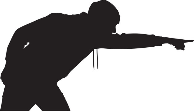 Black silhouette, man aiming gun, shooting stance, vector illustration