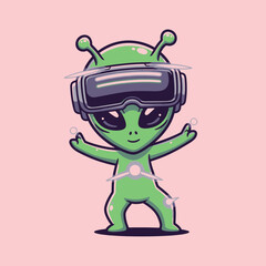 Obraz premium Cute green alien character with large eyes wearing a futuristic virtual reality headset.