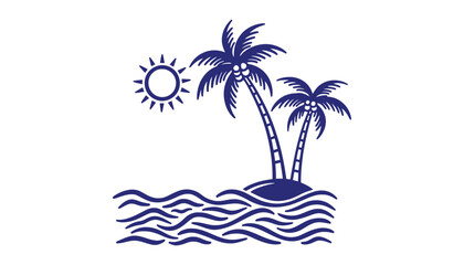 Obraz premium Palm tree icon illustration with sun and ocean waves on white background