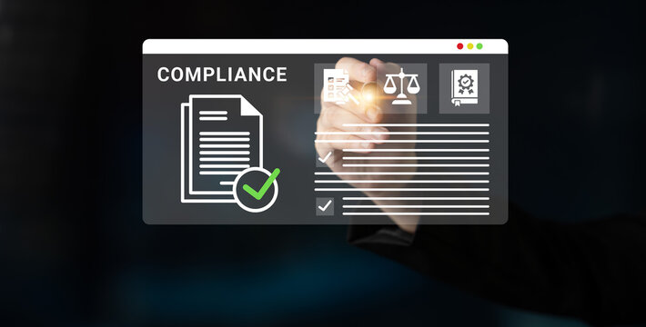 An engaging visual of a handshake representing business agreement and compliance with legal standards. A sleek digital environment showcases key compliance symbols. Ledger