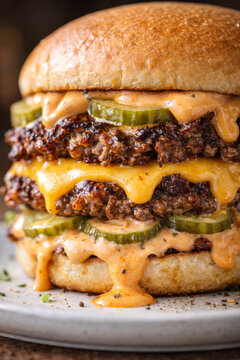 Delicious stacked cheeseburger with sauce and pickles on a plate