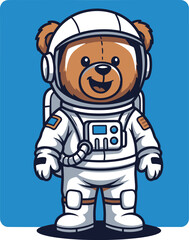 Naklejka premium Smiling brown teddy bear cartoon character in a white astronaut suit and helmet.