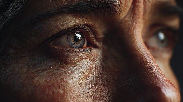 A serious close-up of a person with a scary look in their eyes and an old iris showing intense vision and beauty