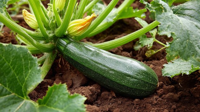 A green zucchini growing in a garden with yellow flowers and large leaves