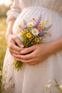Pregnant woman holding a bouquet of wildflowers in a field