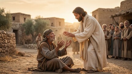 Obraz premium Jesus reaching out to help a beggar sitting on the ground in an ancient village. Religious scene depicting compassion, healing, and faith. Biblical story illustration for church ministry.