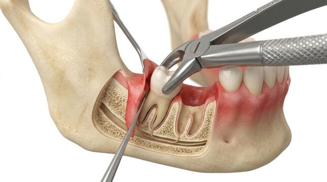 Dental Extraction Procedure Showing Tools and Affected Area on Lower Jaw With Detailed Anatomy