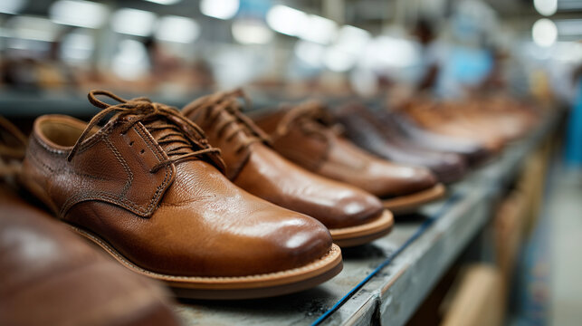 Brown leather shoes on factory production line in workshop industrial manufacturing process concept ideal for footwear industry, craftsmanship and quality control