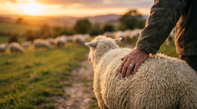Shepherd touching sheep on farm field at sunset. Jesus Christ religious parable concept of good shepherd following faith. Christian inspiration and spiritual guidance in nature.