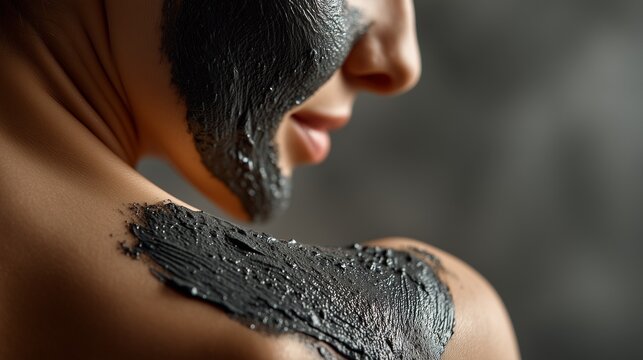 Woman receiving a spa treatment, applying a detoxifying black charcoal mud mask on her face and shoulder for skin care and beauty wellness