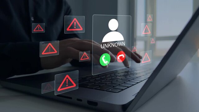 Scam call alert concept showing a suspicious incoming call on smartphone. Unknown number, fraud risk and warning message highlight phishing, identity theft and the need for caution and digital securit