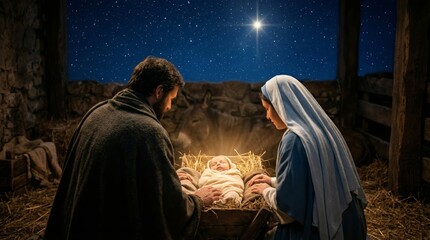 Fototapeta premium Nativity scene with baby Jesus resting in manger with mother Mary and Joseph. Traditional religious celebration of Christmas night. Concept of holy family and faith spirituality.