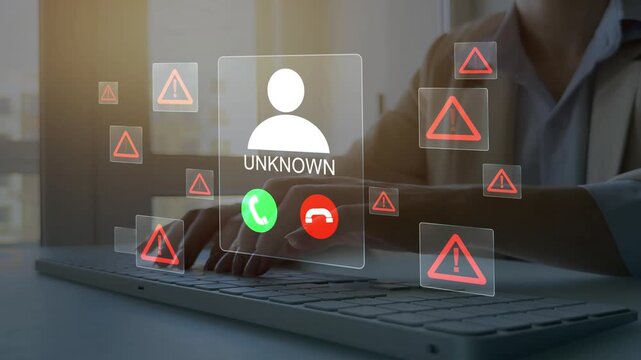 Scam call alert concept showing a suspicious incoming call on smartphone. Unknown number, fraud risk and warning message highlight phishing, identity theft and the need for caution and digital securit