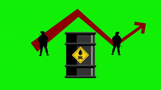 Oil Barrel With Soldiers Silhouettes and Rising Arrow Global Conflict &ndash; 4K Video Motion Graphics With Chroma Key Green Screen Background