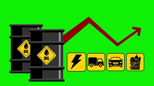 Oil Barrel With Rising Arrow Impacting Energy Transport and Grocery Prices &ndash; 4K Video Motion Graphics With Chroma Key Green Screen Background