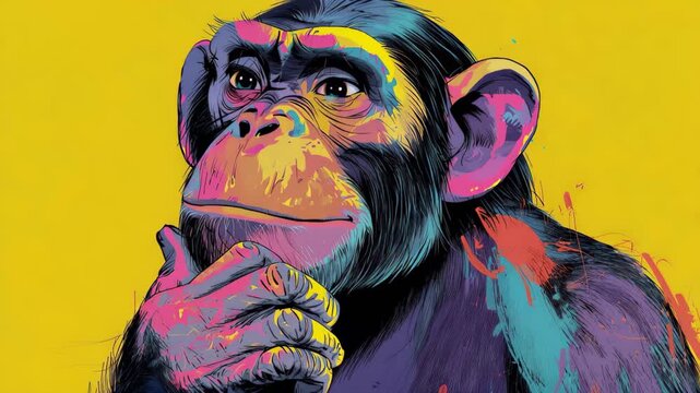 Thoughtful monkey artwork on bright yellow background with colorful paint splashes in a modern art style