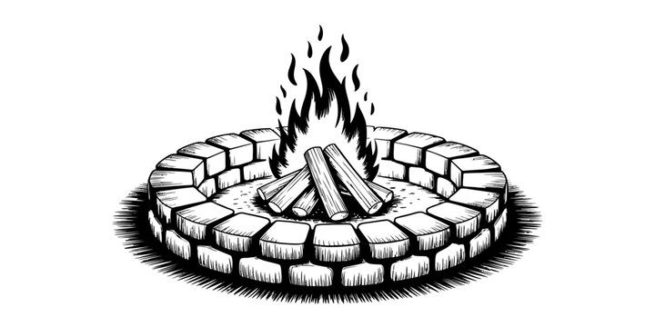 A classic hand-drawn illustration of a circular stone fire pit with burning logs and tall flames Vector, illustration
