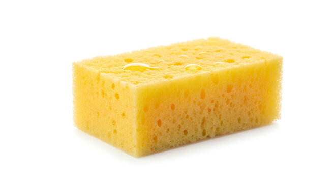 Yellow sponge with water droplets on a white background