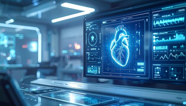 Advanced digital heart scan displayed on a medical interface, representing cardiology diagnostics, healthcare technology, and AI-driven analysis. Ideal for medical platforms, health tech, and clinical