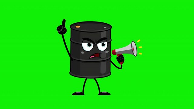 Angry Oil Barrel Character Shouting Through Megaphone Energy Crisis &ndash; 4K Video Motion Graphics With Chroma Key Green Screen Background