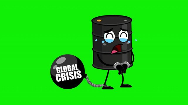 Oil Barrel Character Dragging Global Crisis Ball Energy Crisis&ndash; 4K Video Motion Graphics With Chroma Key Green Screen Background