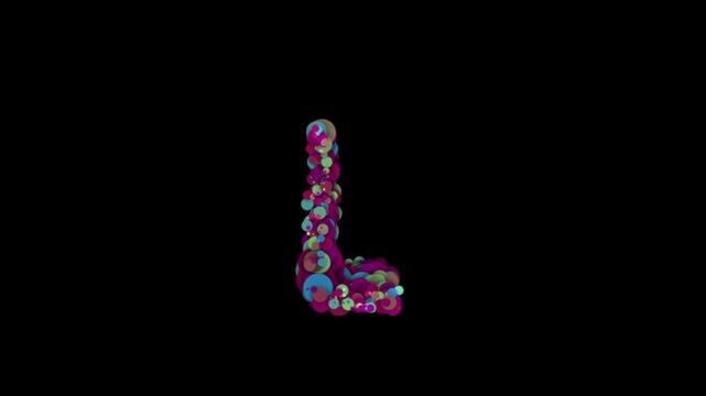 Colorful particle bubbles forming letter L on transparent background

Floating multicolor bubbles dynamically forming letter L shape with alpha channel for smooth compositing use
