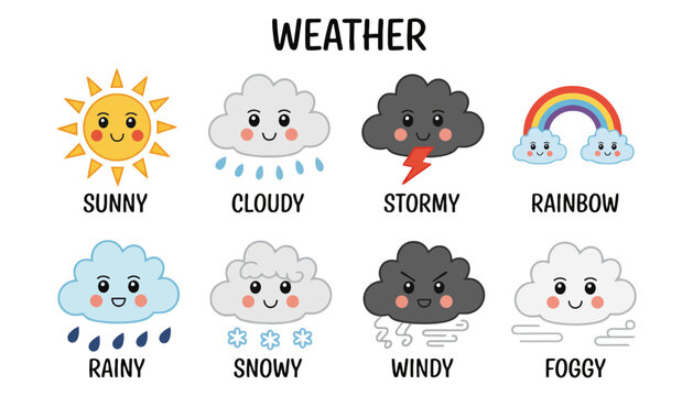 Weather icons with different types of clouds and conditions illustration