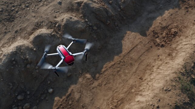High angle view of modern red rescue drone in flight. Quadcopter with blurred propellers hovers over rugged, sandy terrain. Bright sunlight creates strong shadows