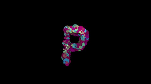 Colorful particle bubbles forming letter P on transparent background

Floating multicolor bubbles dynamically forming letter P shape with alpha channel for smooth compositing use
