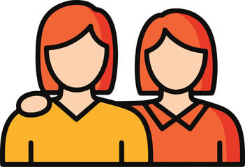 Fototapeta premium Two stylized female friends with orange hair in a supportive embrace, a flat color line icon.
