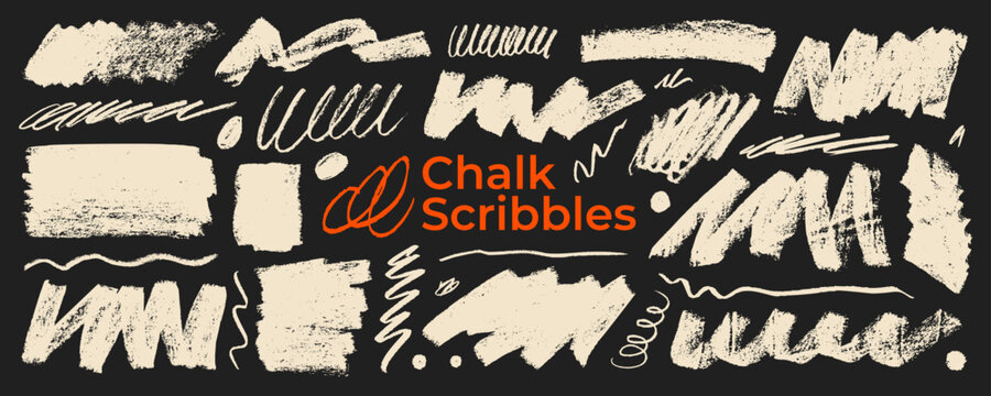 Thick and bold crayon chalk strokes, freehand pastel shapes on blackboard. Hand drawn vector scribbles and doodle lines for hand drawn notes. Grungy scrawls and scratches. Sketch elements.