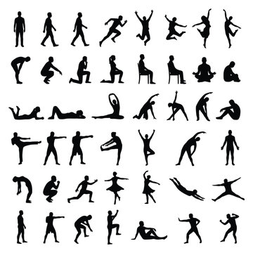 44 Human Poses and Actions Silhouette Vector Set - Diverse Body Positions Collection