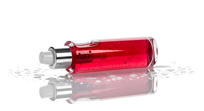 Sleek Red Cosmetic Pump Bottle Lying on Reflective White Surface with Fresh Water Droplets and Mirror Reflection for High-End Beauty Branding.
