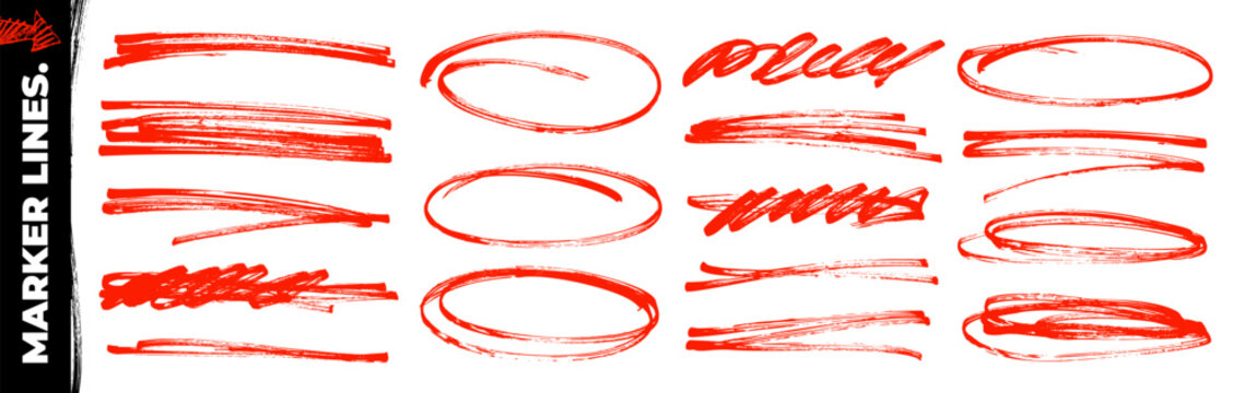 Red scribble underline and ovals to emphasize your text and hand drawn notes. Vector png strikethrough, scratch straight red crayon lines. Text dividers, vector red inky scribbles.