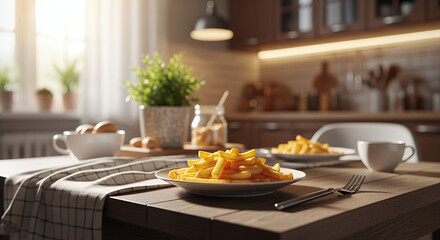 Fototapeta premium Delicious breakfast with fries and coffee in a cozy kitchen setting