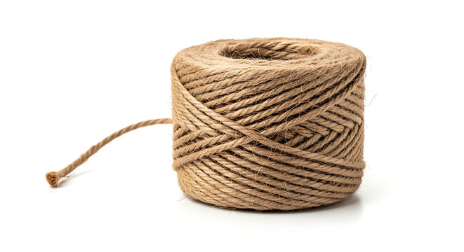 Roll of natural twine on a white background ready for crafting
