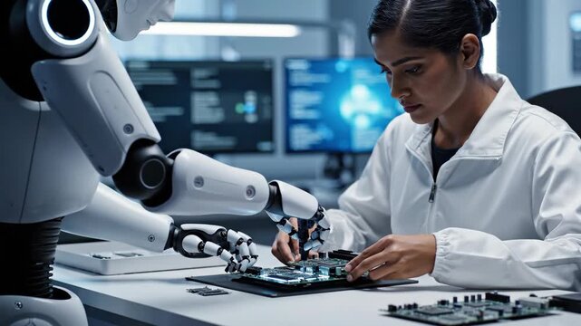 Female engineer in lab coat working on robotic arm assembly in a modern tech lab
