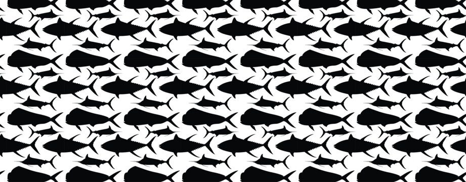 Black and white marine life tessellation pattern with geometric fish silhouettes