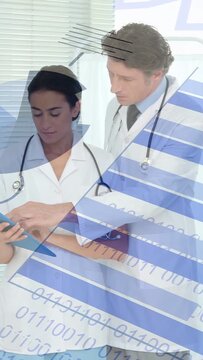 Vertical video: Pulling back MD reading blue clipboard, MDs joining consulting under blue overlays