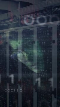 Vertical video: Server bank on input, projecting admin face hologram across racks for IT monitoring