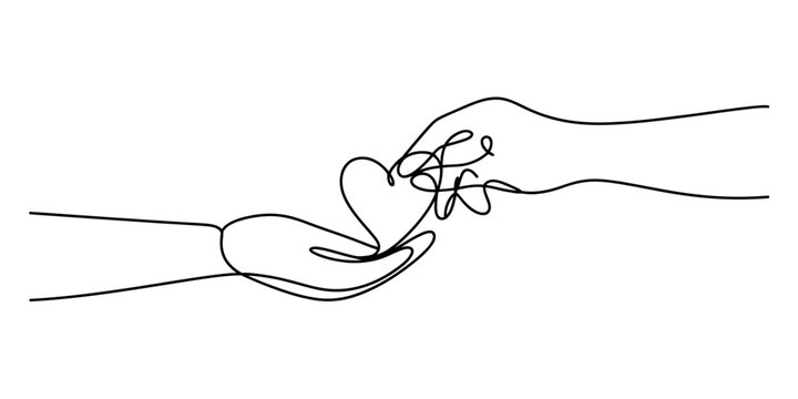A minimalist single line drawing of two hands holding a heart with a tangled abstract design. Vector, illustration