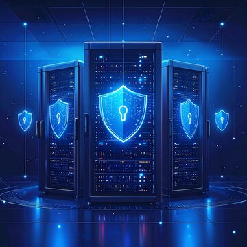 Cybersecurity server network with glowing digital shield icons in futuristic blue data center environment