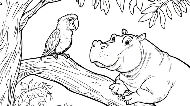 Cute parrot perched near a hippo, line drawing in a jungle-like setting, whimsical