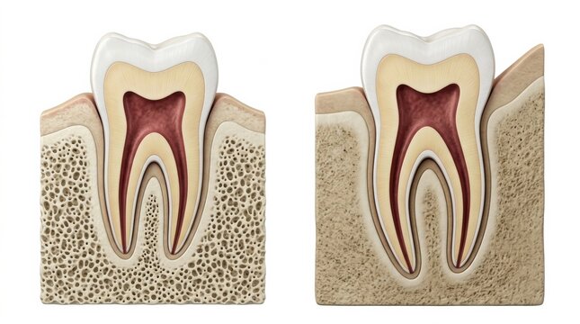 Illustration Comparing Healthy Tooth Structure and Tooth With Decay Showing Layers and Details in a Dental Educational Context