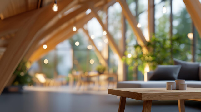 Mass timber building interior with a warm cozy open-plan living space enhanced by natural light showcasing sustainable architecture design. Defocused background. Mass timber