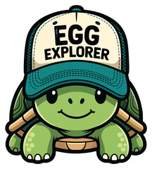 A cute cartoon turtle wearing a teal and cream colored baseball cap with egg explorer text logo Vector